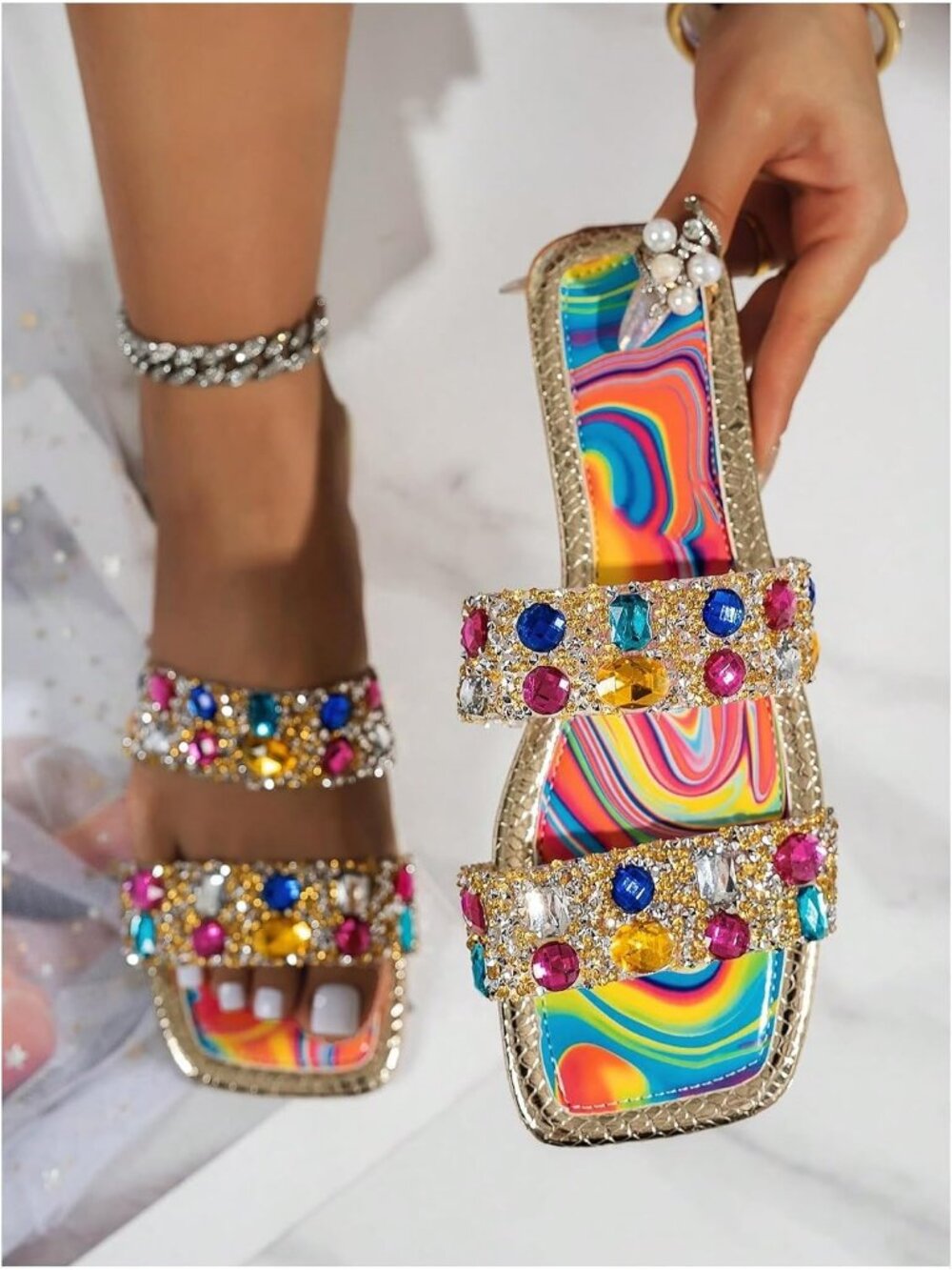 Women's Rainbow Multicolor Summer Sparkly Rhinestone Bling Square Toe Flats - Picture 2 of 5